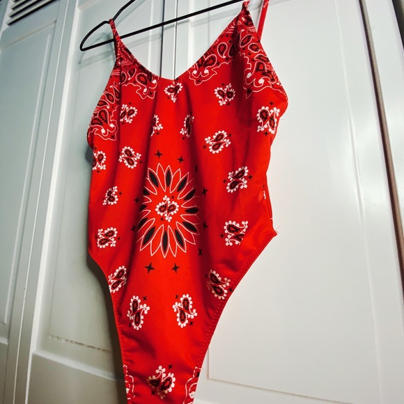 red bandana bathing suit